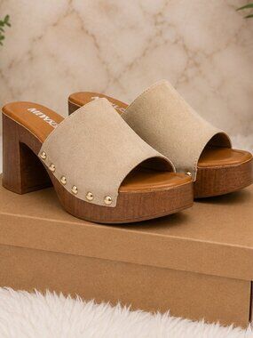 Women's Beige Studded Platform Mule Heels